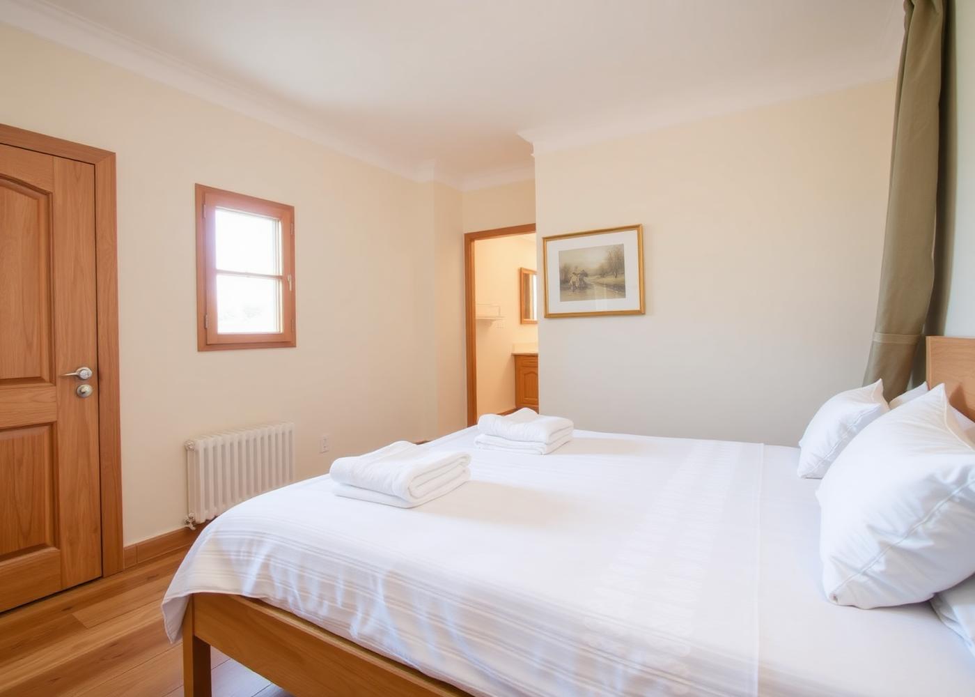 Pripravljena spalnica v apartmaju s svežo posteljnino in zloženimi brisačami